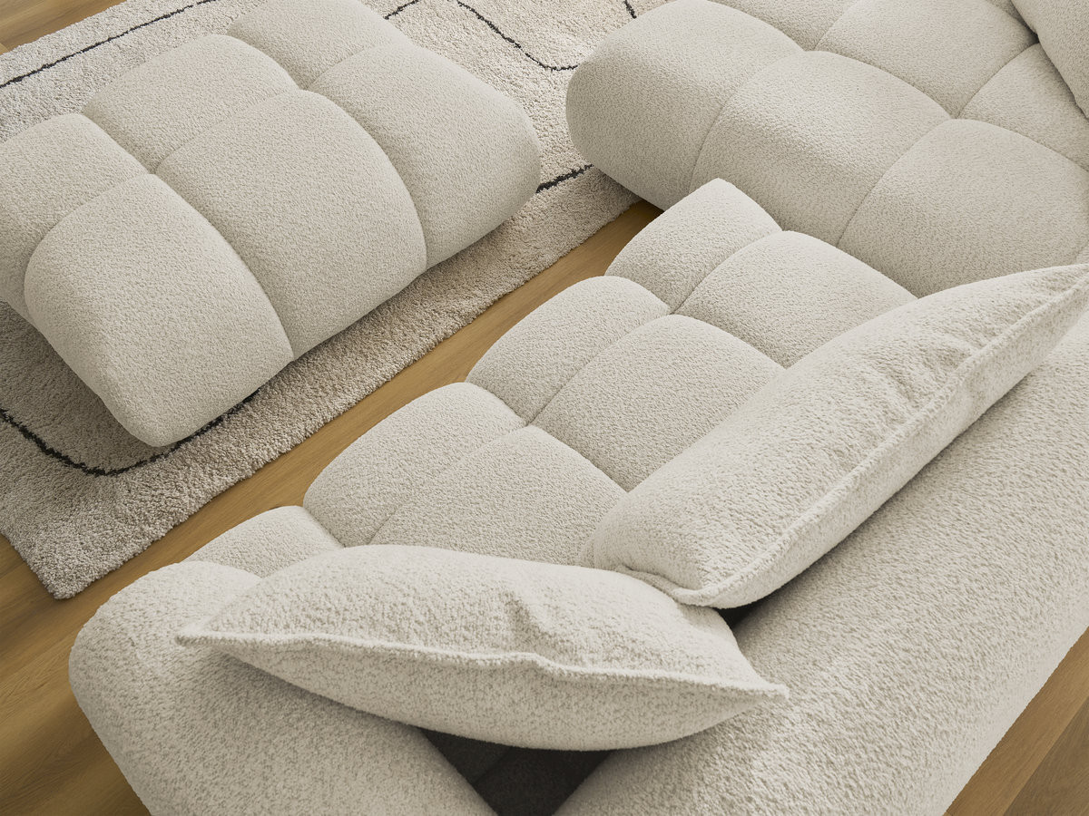 Canapé d'angle fixe ALYA tissu bouclette avec pouf
