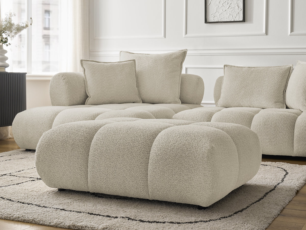 Canapé d'angle fixe ALYA tissu bouclette avec pouf