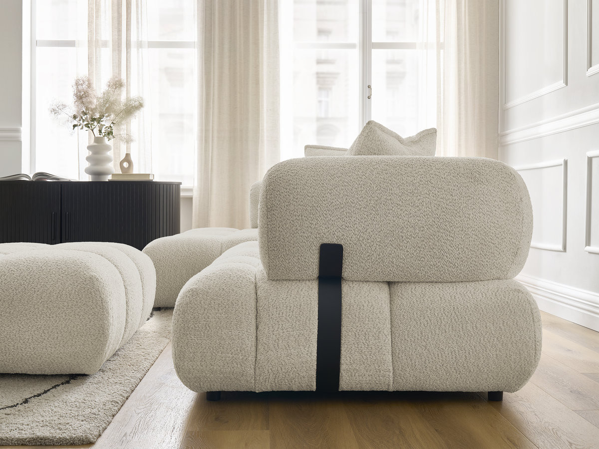 Canapé d'angle fixe ALYA tissu bouclette avec pouf