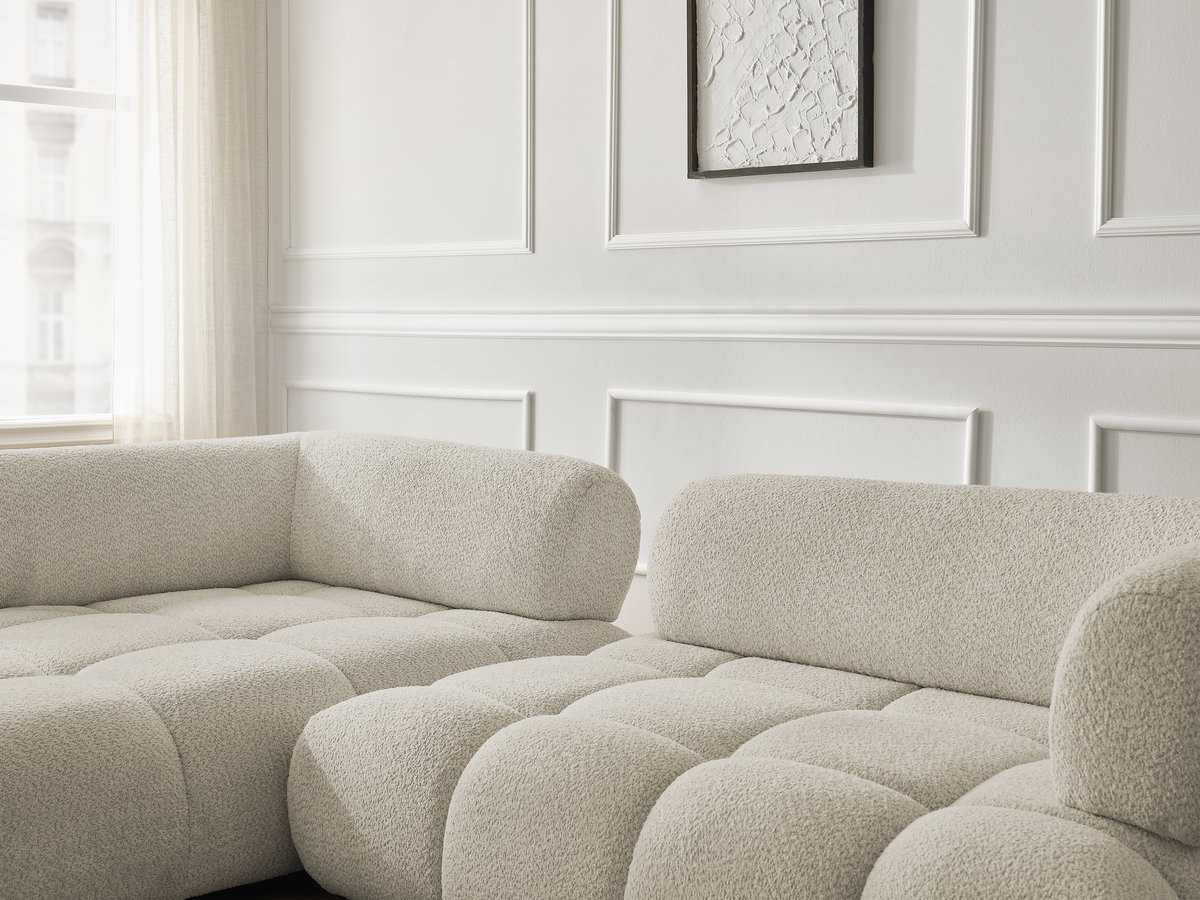 Canapé d'angle fixe ALYA tissu bouclette avec pouf