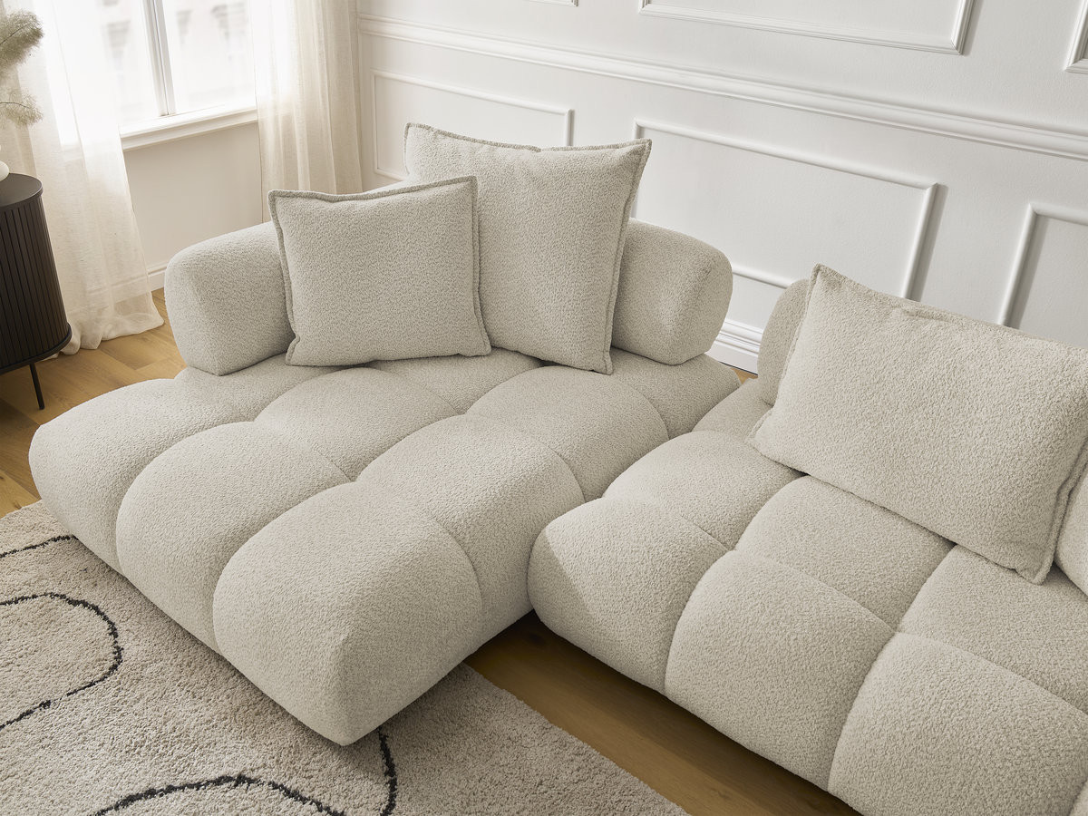 Canapé d'angle fixe ALYA tissu bouclette avec pouf