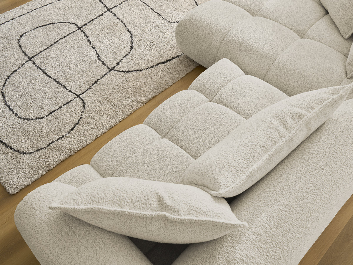 Canapé d'angle fixe ALYA tissu bouclette avec pouf