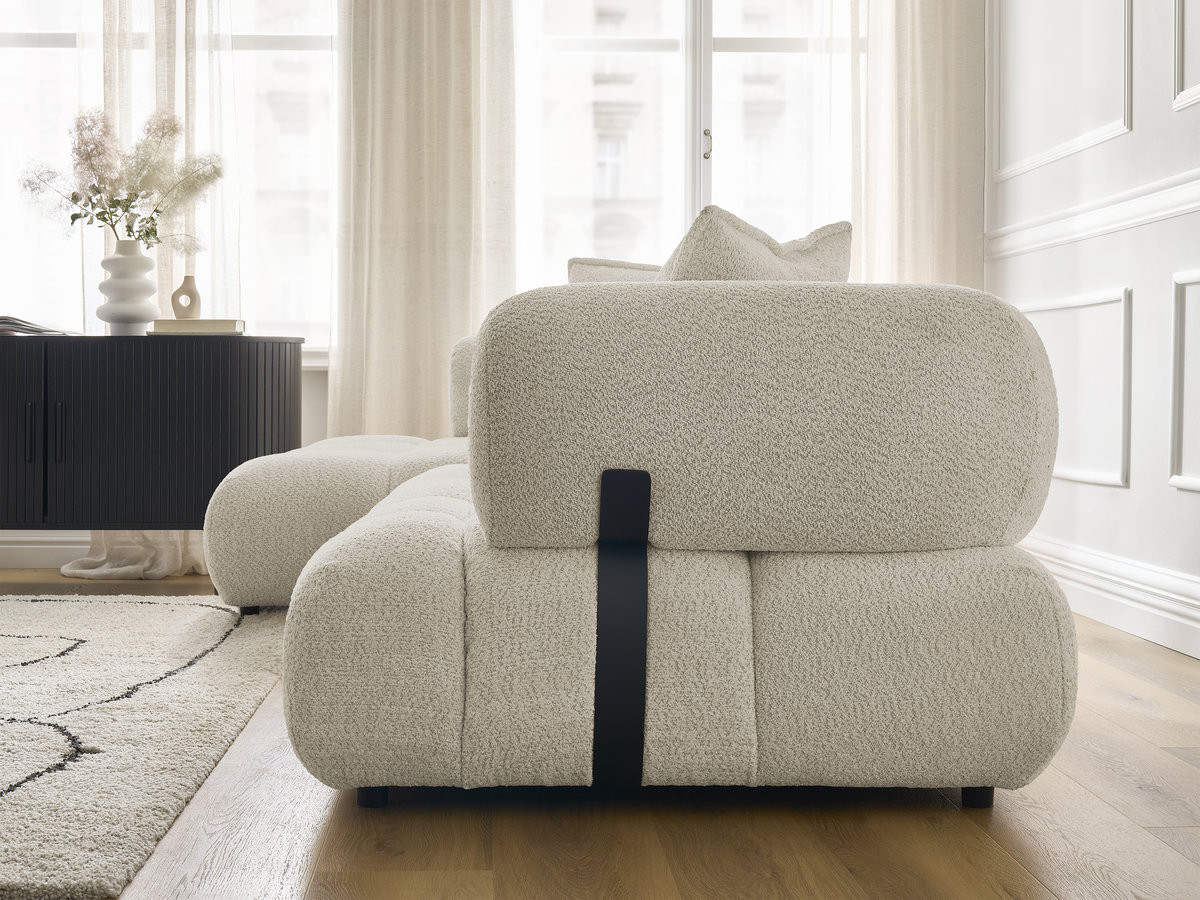Canapé d'angle fixe ALYA tissu bouclette avec pouf