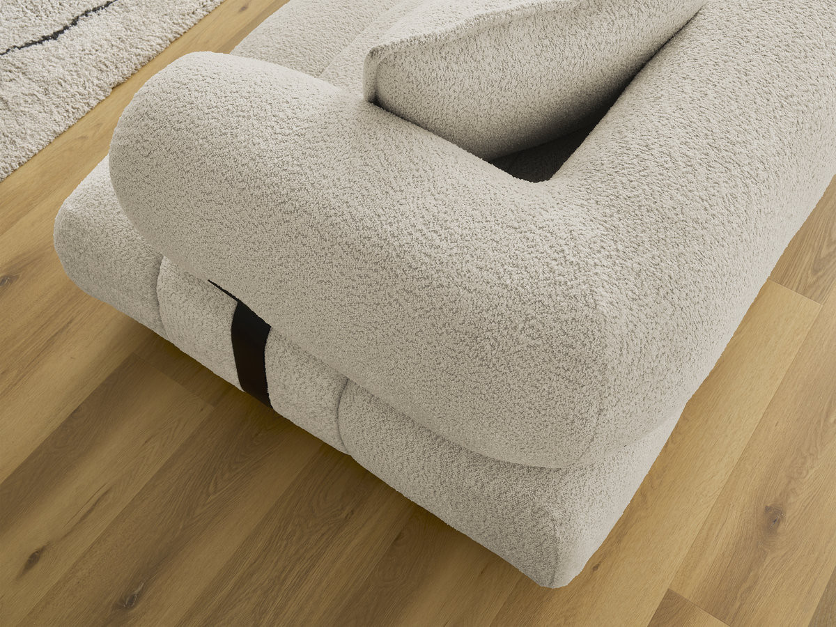 Canapé d'angle fixe ALYA tissu bouclette avec pouf