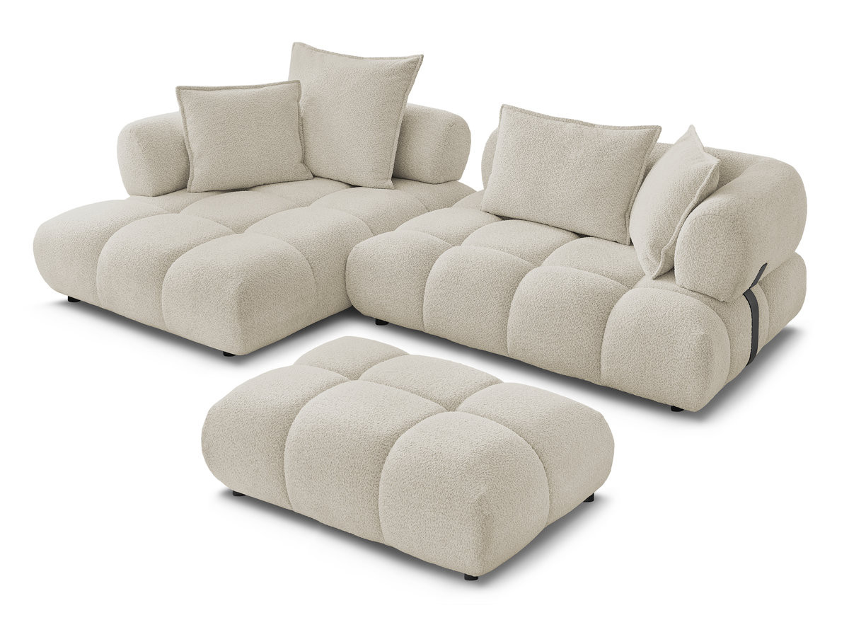 Canapé d'angle fixe ALYA tissu bouclette avec pouf