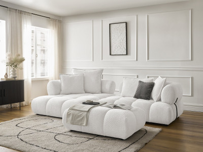 Canapé d'angle fixe ALYA tissu bouclette avec pouf