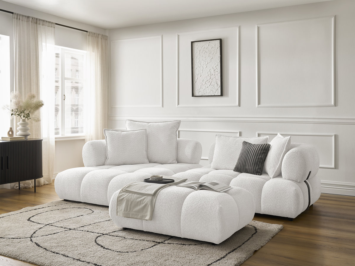 Canapé d'angle fixe ALYA tissu bouclette avec pouf
