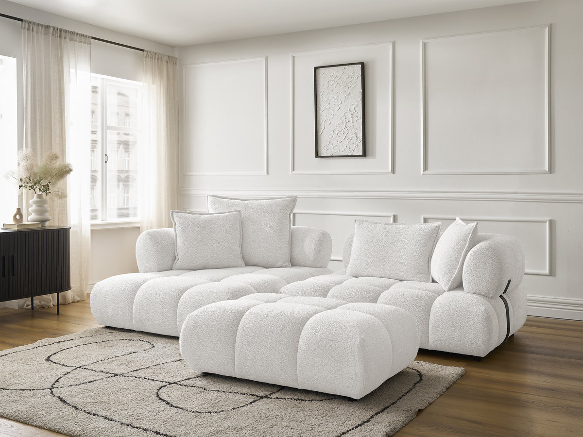 Canapé d'angle fixe ALYA tissu bouclette avec pouf