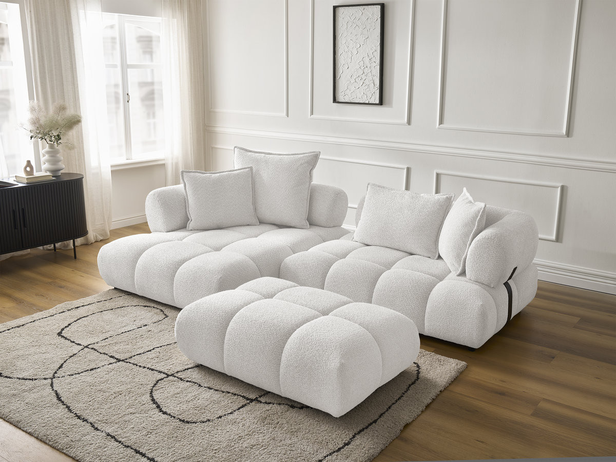 Canapé d'angle fixe ALYA tissu bouclette avec pouf