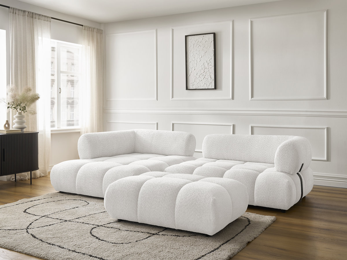 Canapé d'angle fixe ALYA tissu bouclette avec pouf