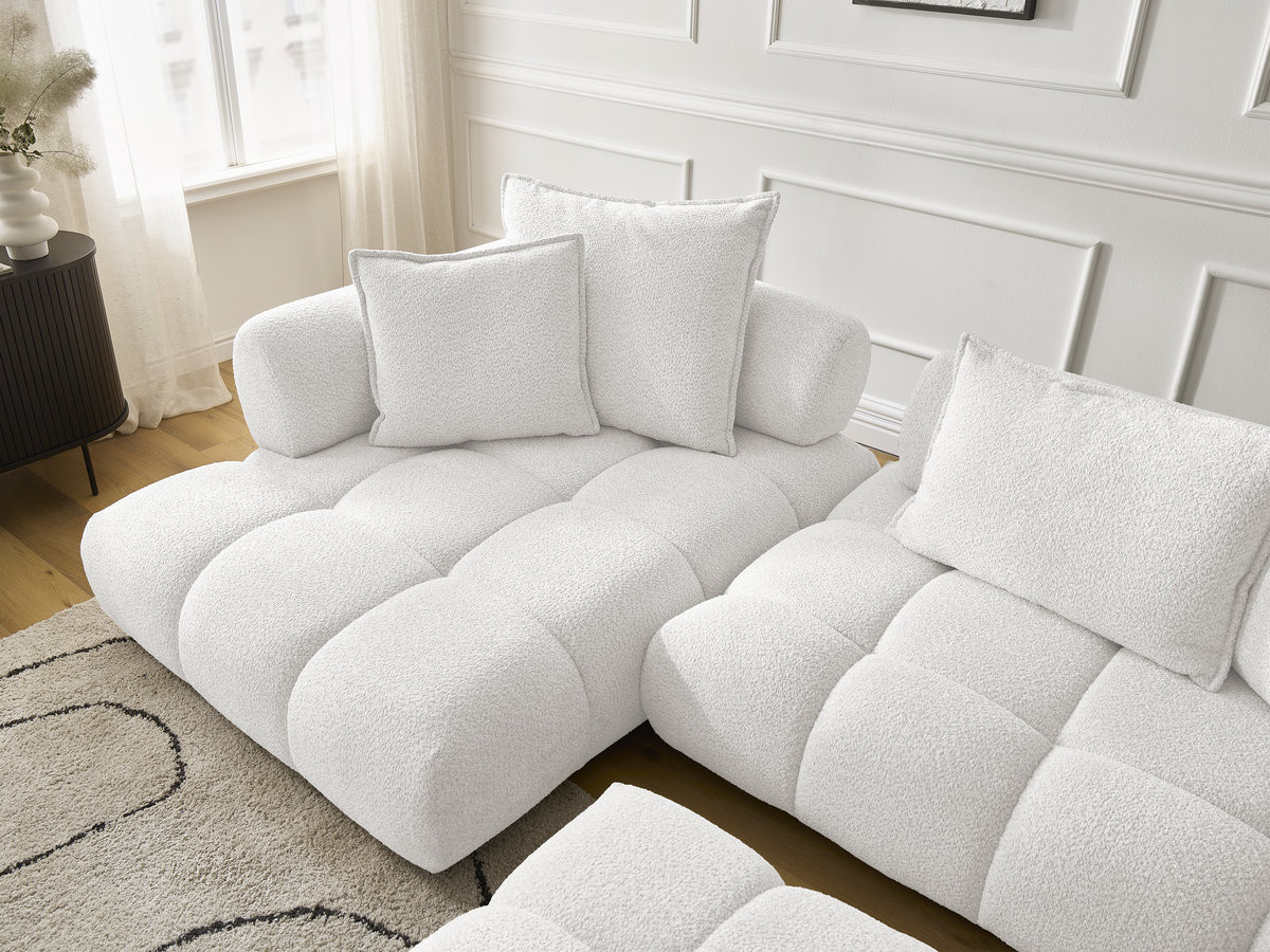 Canapé d'angle fixe ALYA tissu bouclette avec pouf