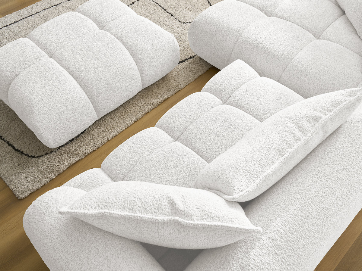 Canapé d'angle fixe ALYA tissu bouclette avec pouf