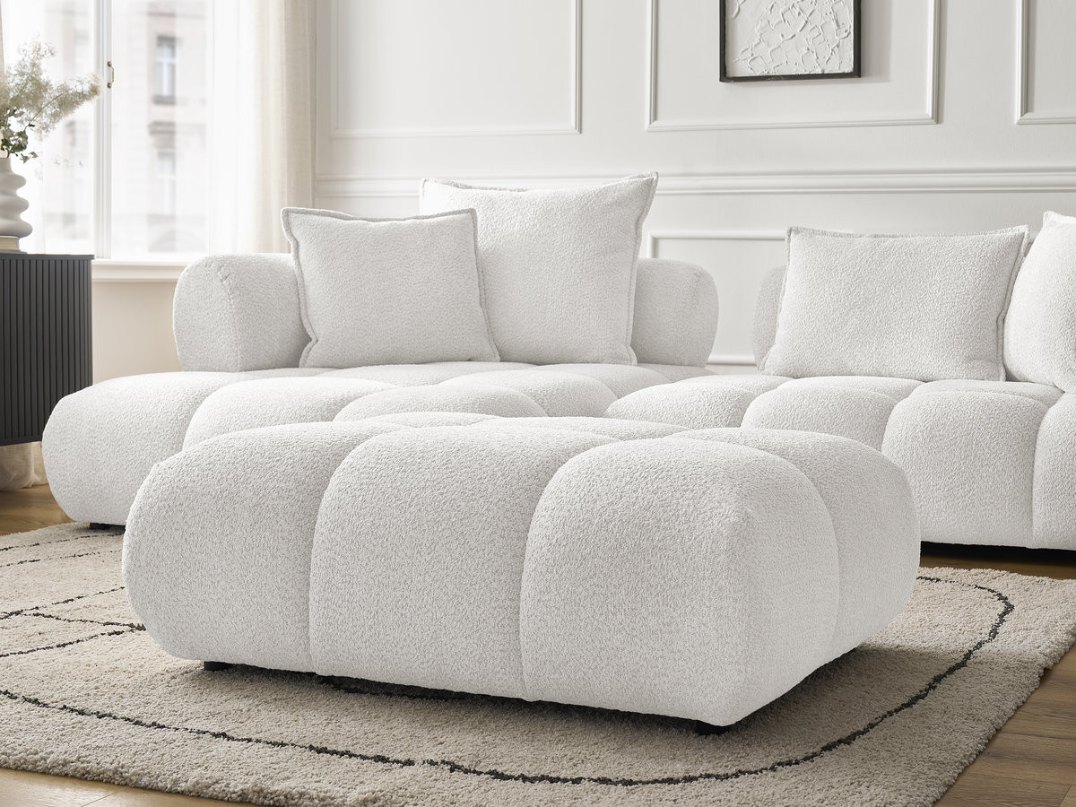 Canapé d'angle fixe ALYA tissu bouclette avec pouf