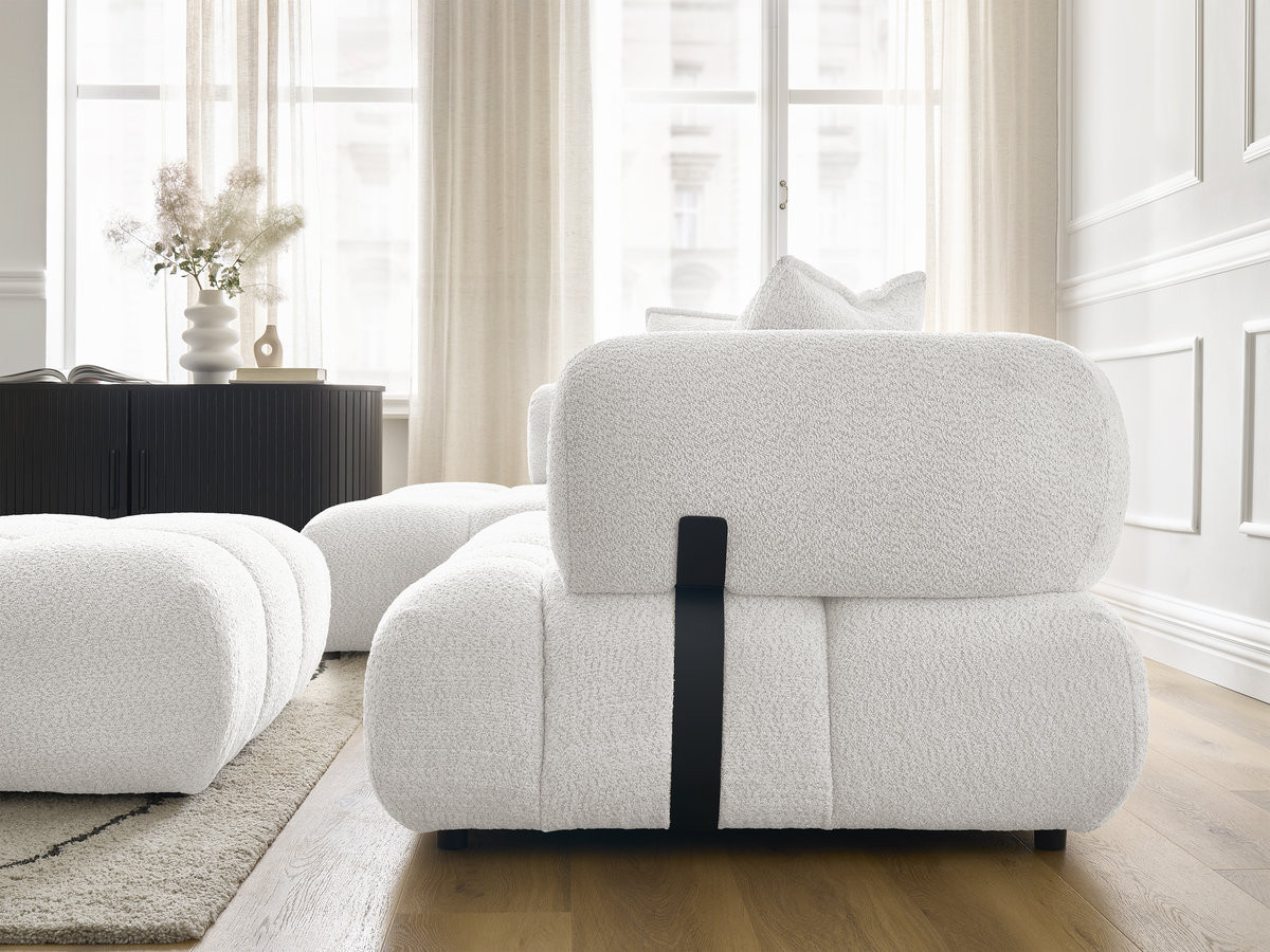 Canapé d'angle fixe ALYA tissu bouclette avec pouf