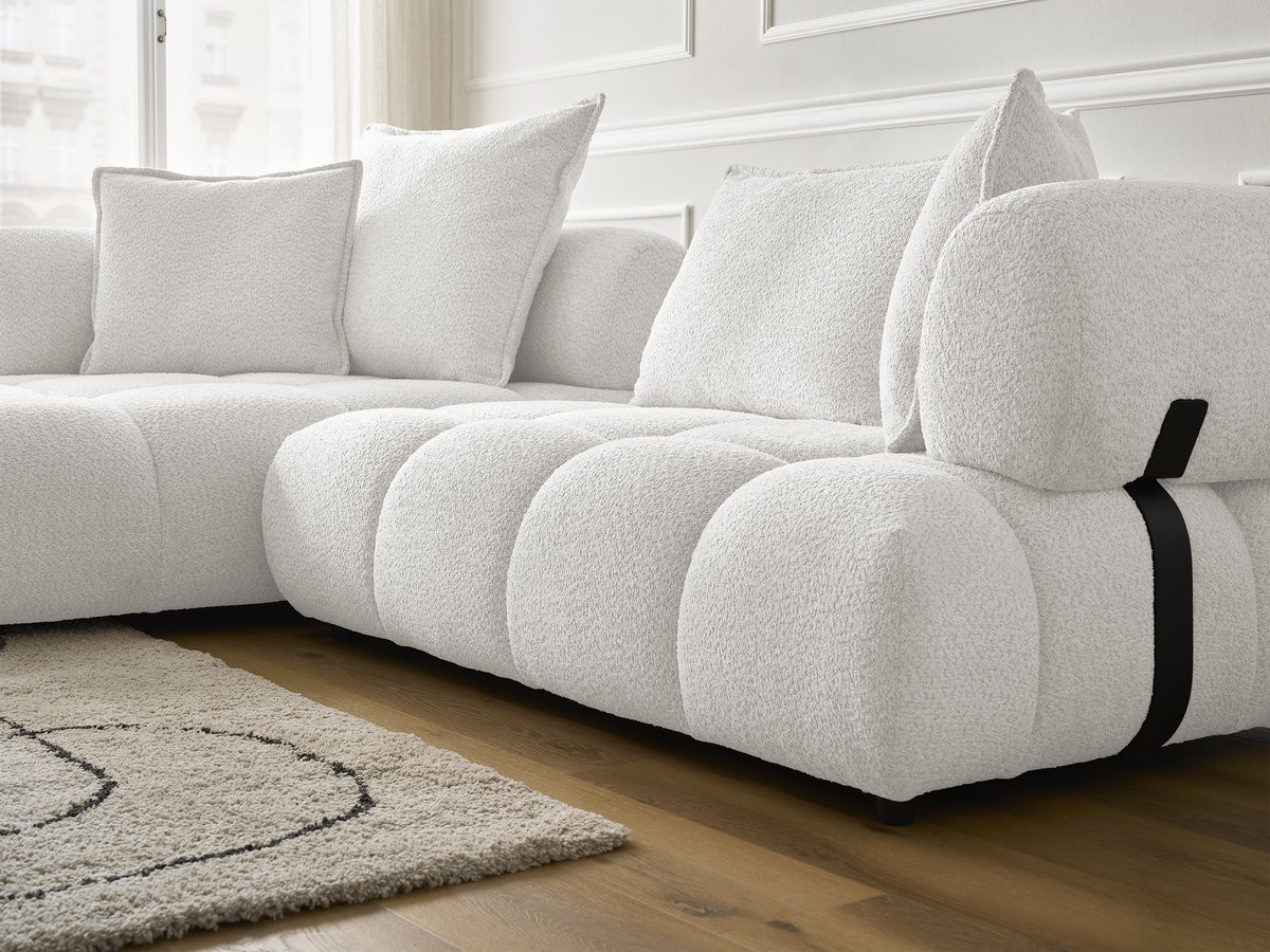 Canapé d'angle fixe ALYA tissu bouclette avec pouf