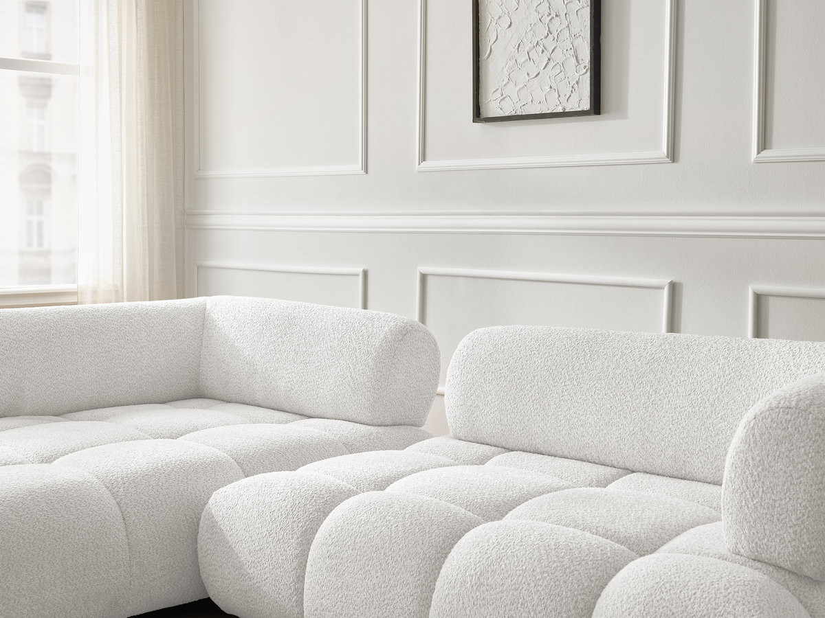 Canapé d'angle fixe ALYA tissu bouclette avec pouf