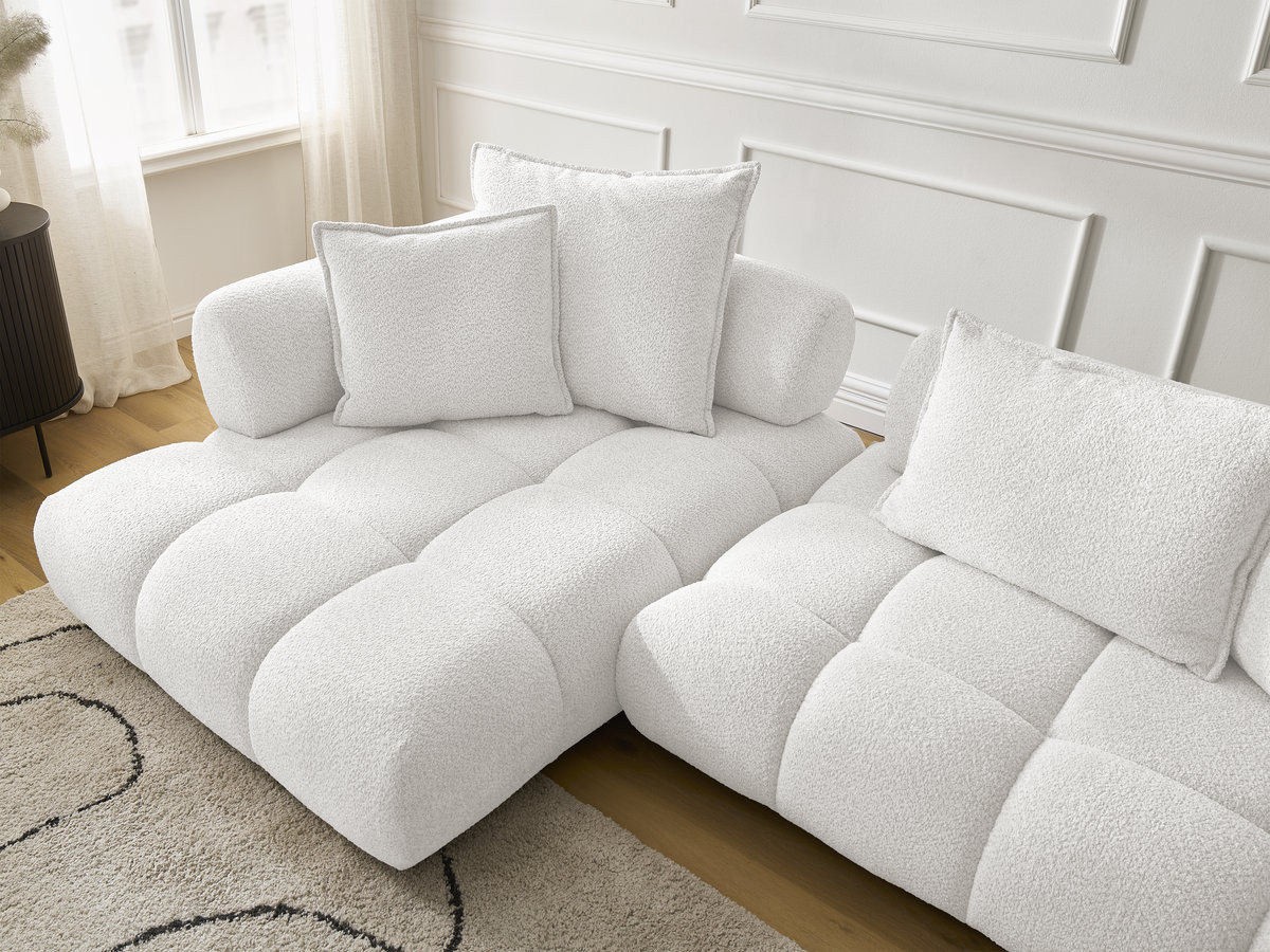 Canapé d'angle fixe ALYA tissu bouclette avec pouf