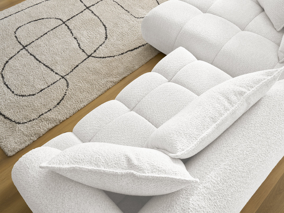 Canapé d'angle fixe ALYA tissu bouclette avec pouf