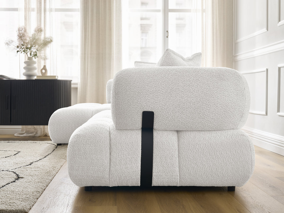 Canapé d'angle fixe ALYA tissu bouclette avec pouf