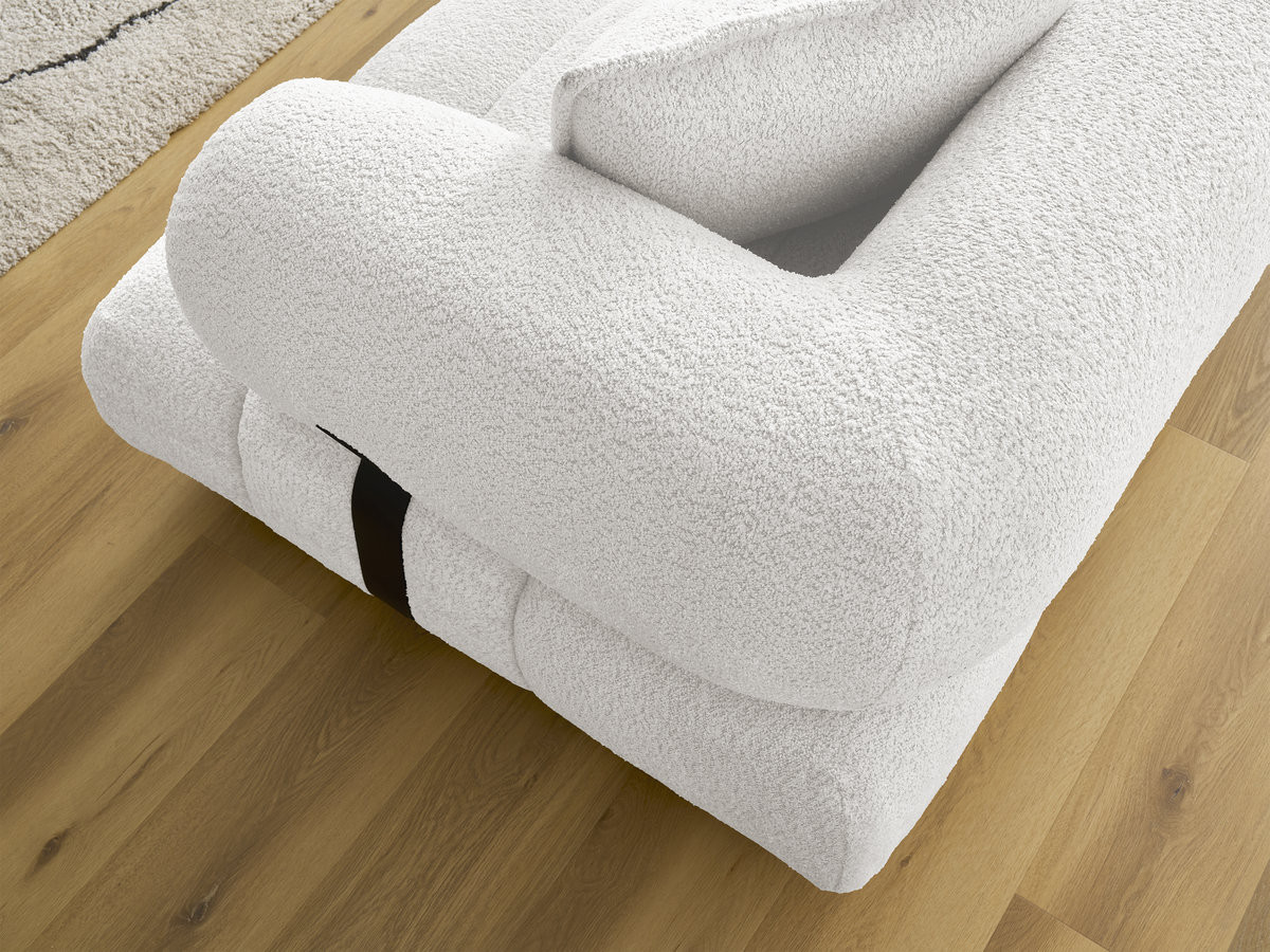 Canapé d'angle fixe ALYA tissu bouclette avec pouf
