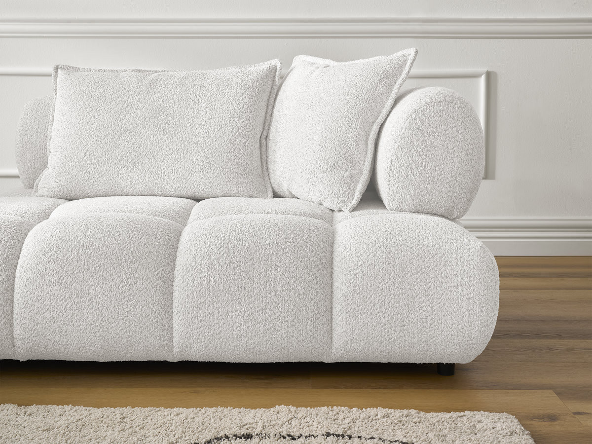 Canapé d'angle fixe ALYA tissu bouclette avec pouf