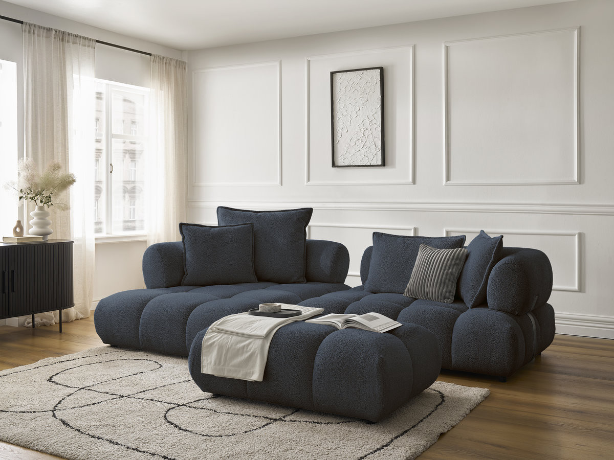 Canapé d'angle fixe ALYA tissu bouclette avec pouf bleu foncé  angle gauche BOBOCHIC 4 places