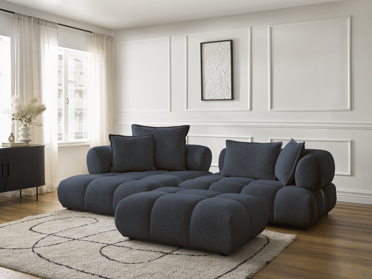 Canapé d'angle fixe ALYA tissu bouclette avec pouf
