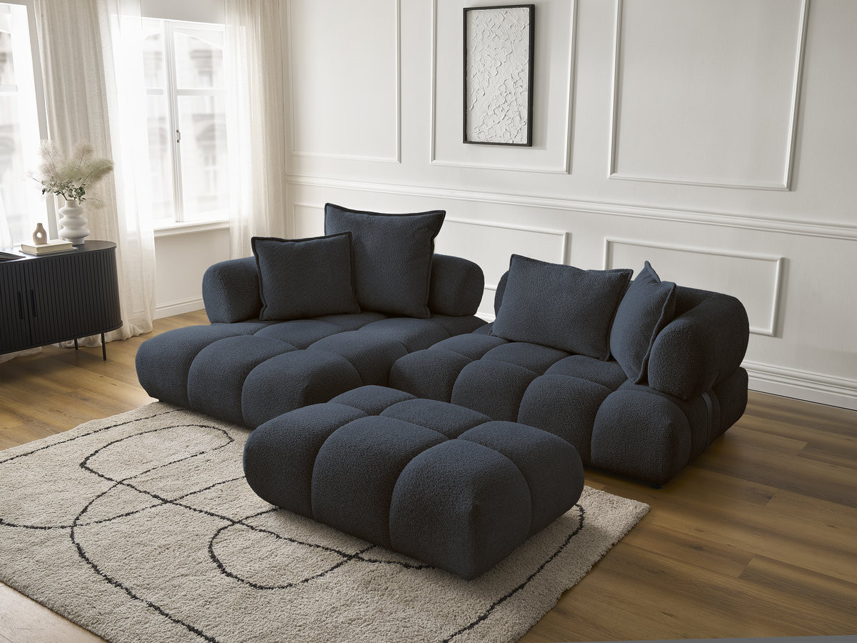 Canapé d'angle fixe ALYA tissu bouclette avec pouf