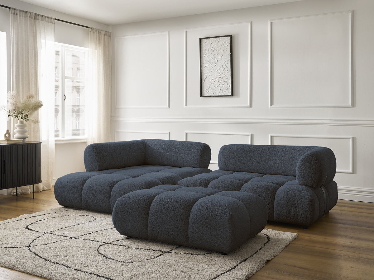 Canapé d'angle fixe ALYA tissu bouclette avec pouf