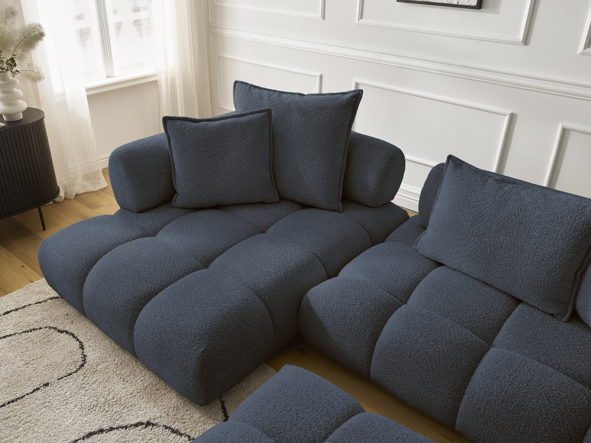 Canapé d'angle fixe ALYA tissu bouclette avec pouf
