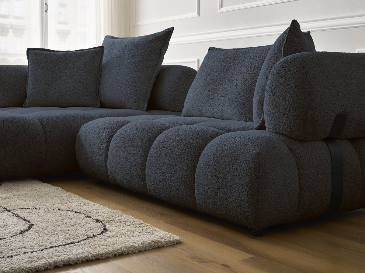 Canapé d'angle fixe ALYA tissu bouclette avec pouf