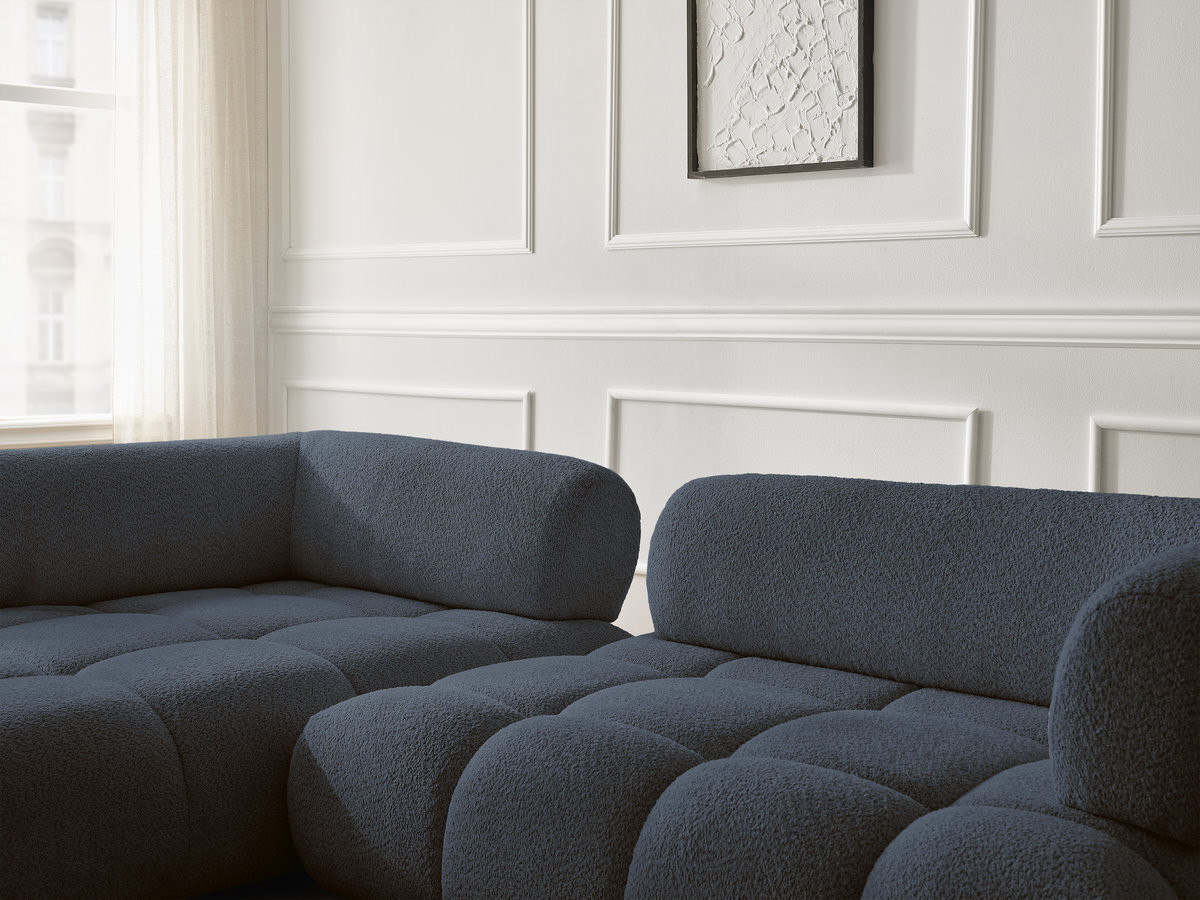 Canapé d'angle fixe ALYA tissu bouclette avec pouf
