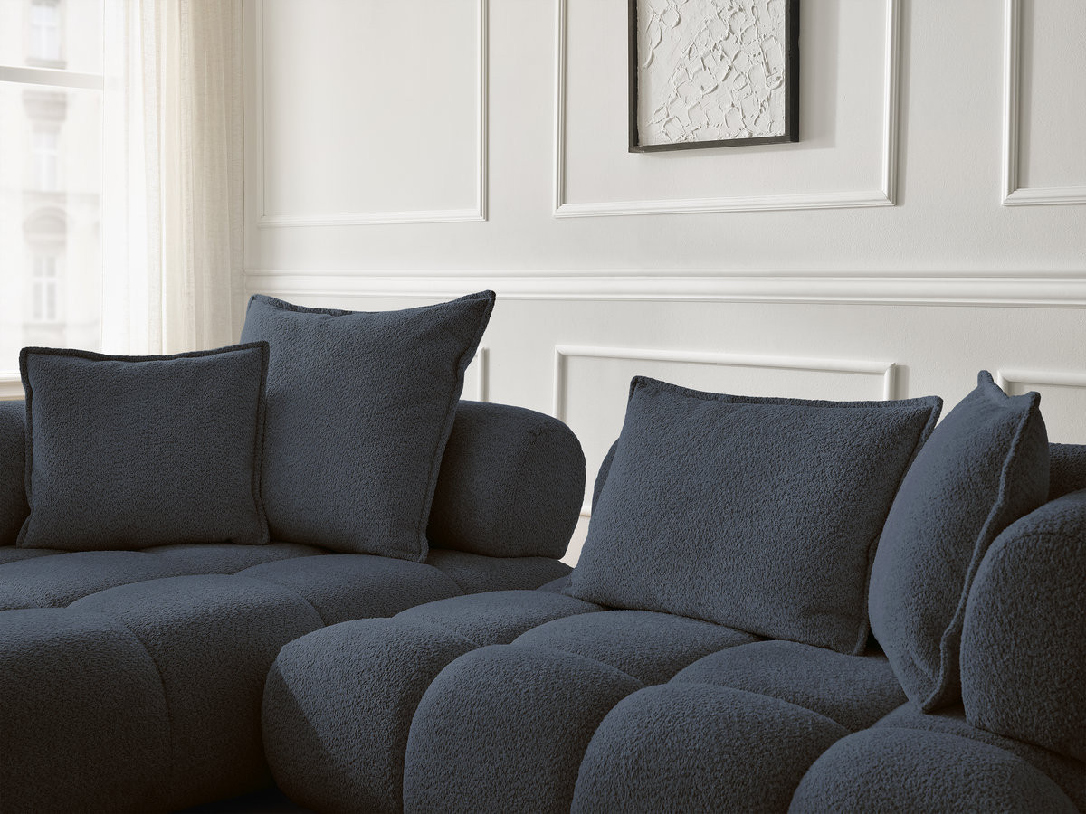 Canapé d'angle fixe ALYA tissu bouclette avec pouf