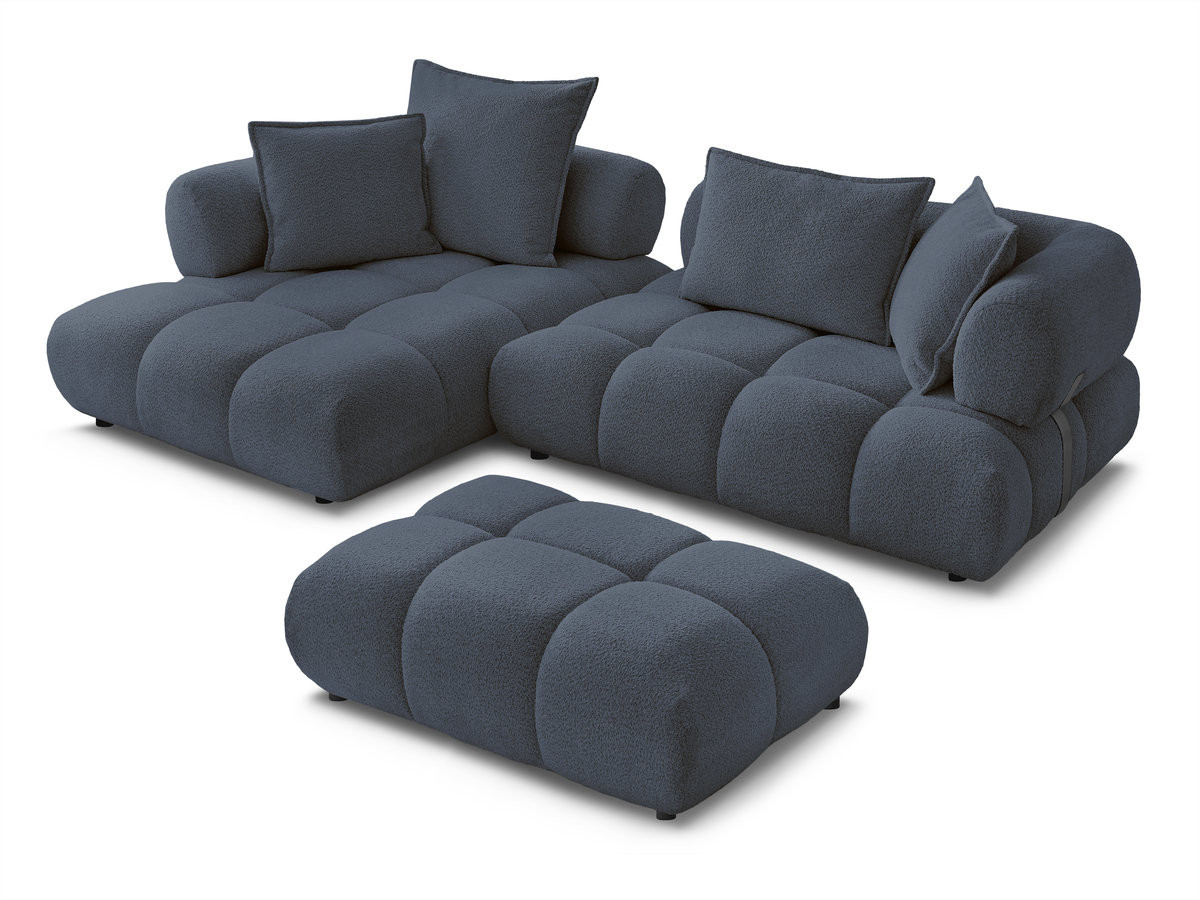 Canapé d'angle fixe ALYA tissu bouclette avec pouf