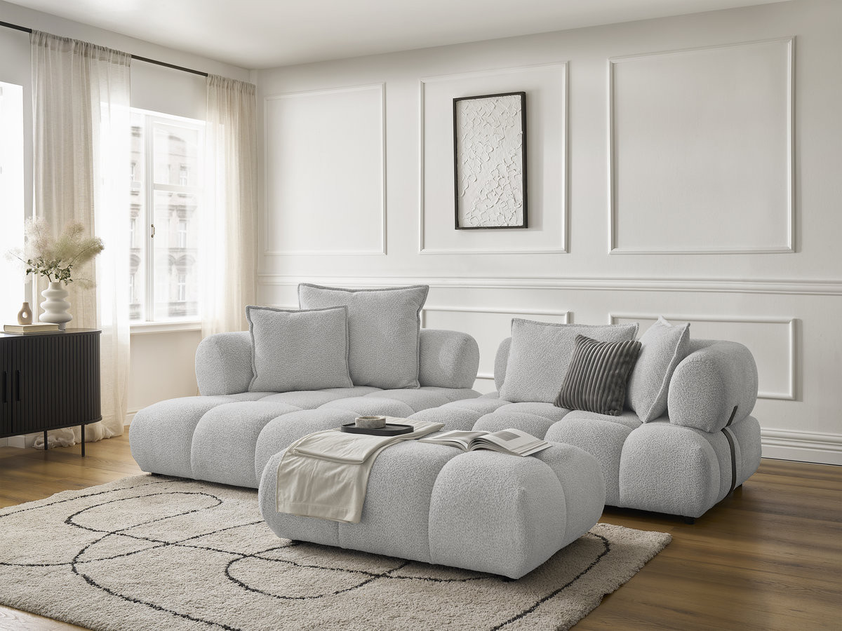 Canapé d'angle fixe ALYA tissu bouclette avec pouf
