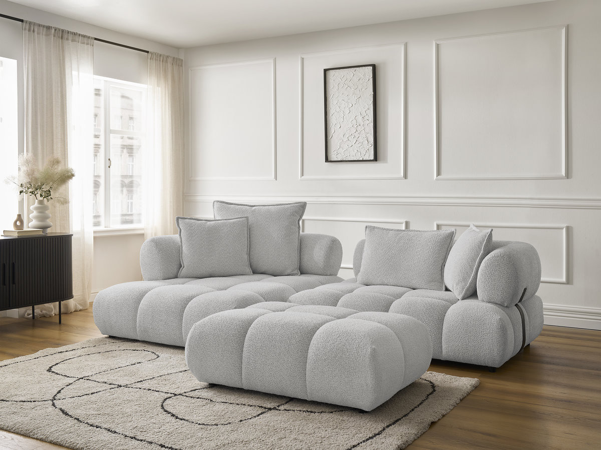 Canapé d'angle fixe ALYA tissu bouclette avec pouf