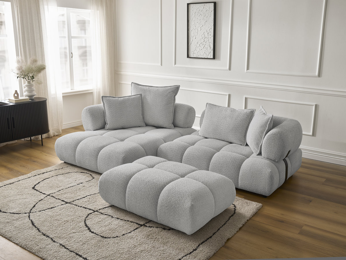 Canapé d'angle fixe ALYA tissu bouclette avec pouf
