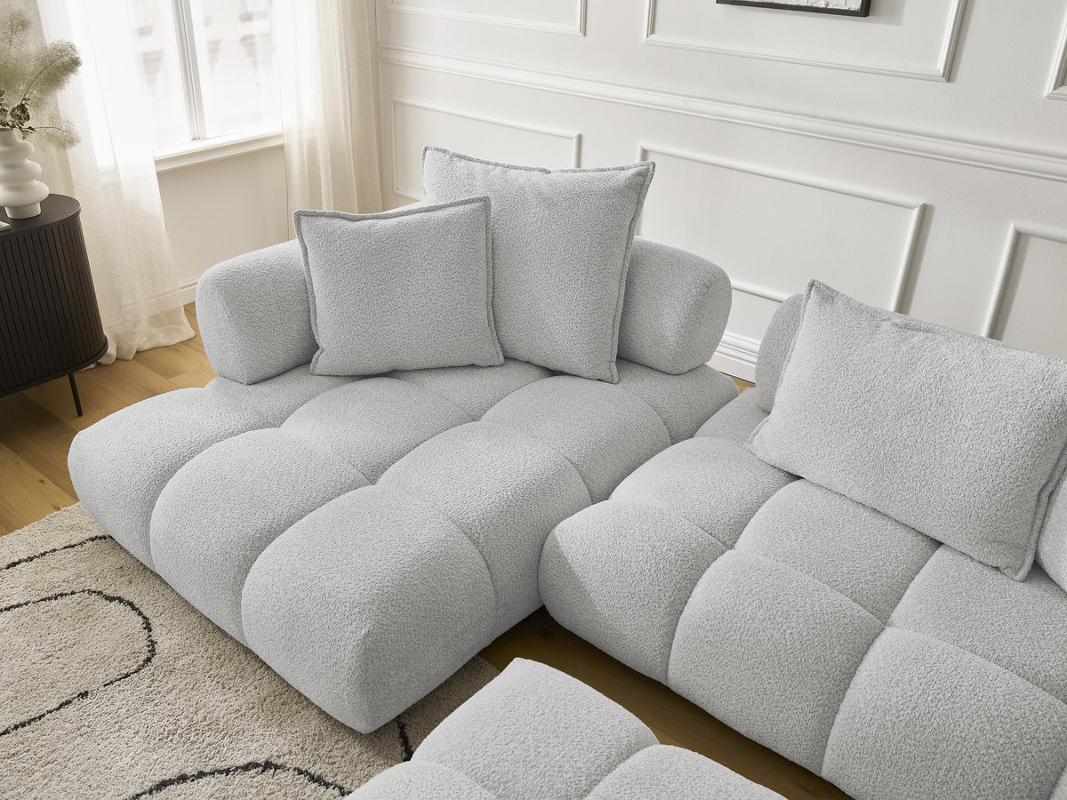 Canapé d'angle fixe ALYA tissu bouclette avec pouf