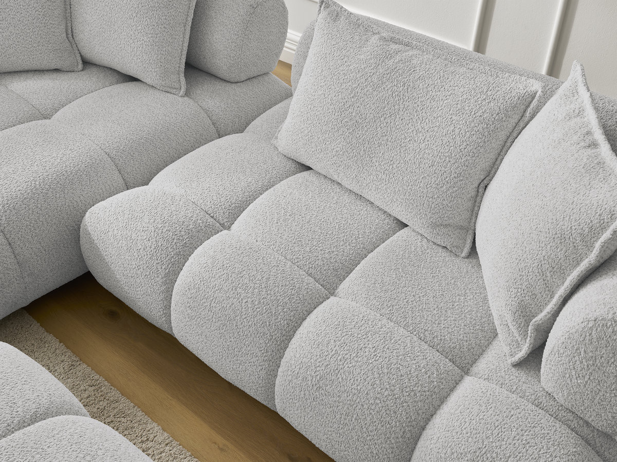 Canapé d'angle fixe ALYA tissu bouclette avec pouf