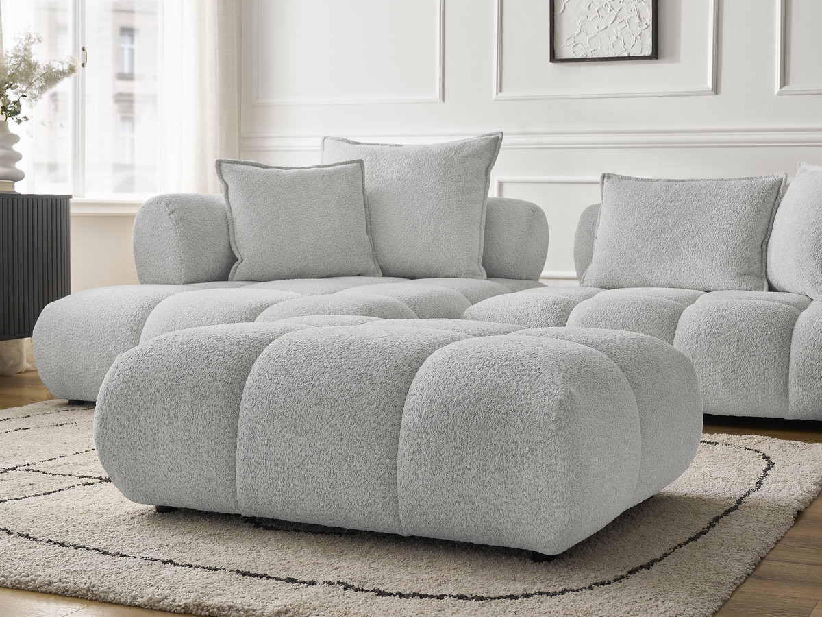 Canapé d'angle fixe ALYA tissu bouclette avec pouf