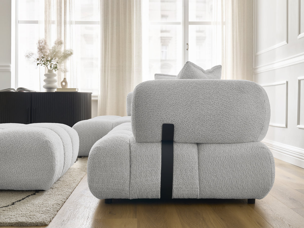 Canapé d'angle fixe ALYA tissu bouclette avec pouf