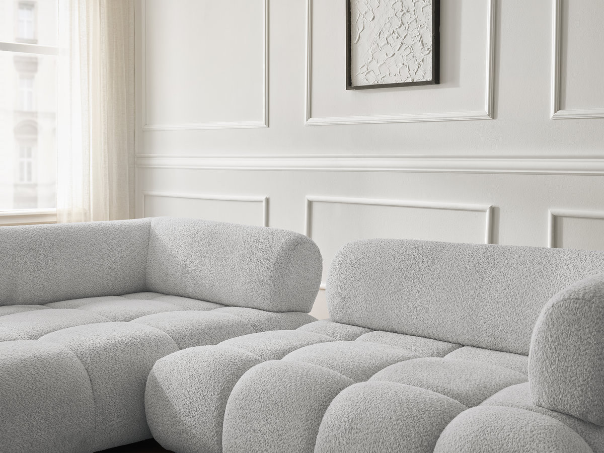Canapé d'angle fixe ALYA tissu bouclette avec pouf
