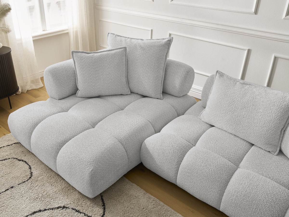 Canapé d'angle fixe ALYA tissu bouclette avec pouf