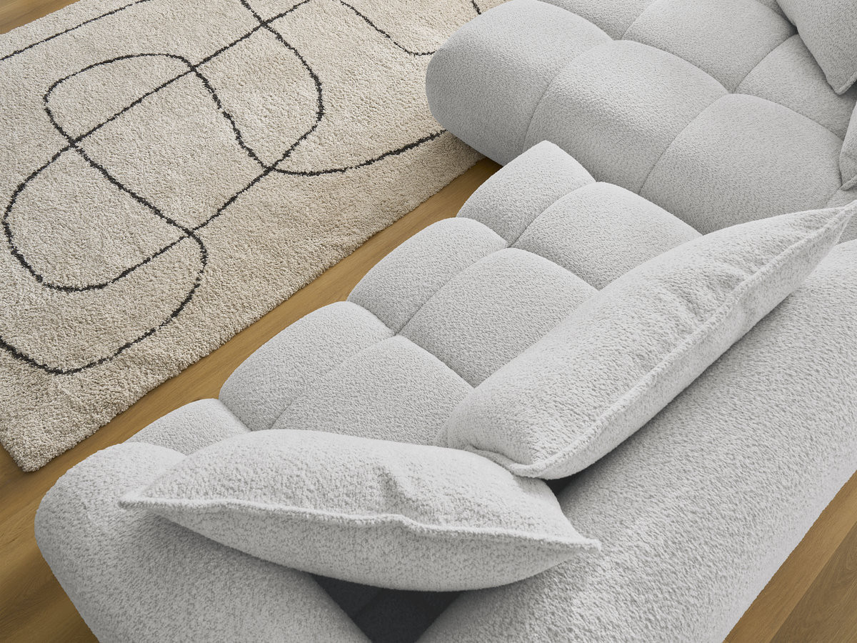 Canapé d'angle fixe ALYA tissu bouclette avec pouf