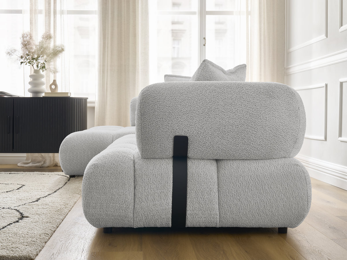 Canapé d'angle fixe ALYA tissu bouclette avec pouf