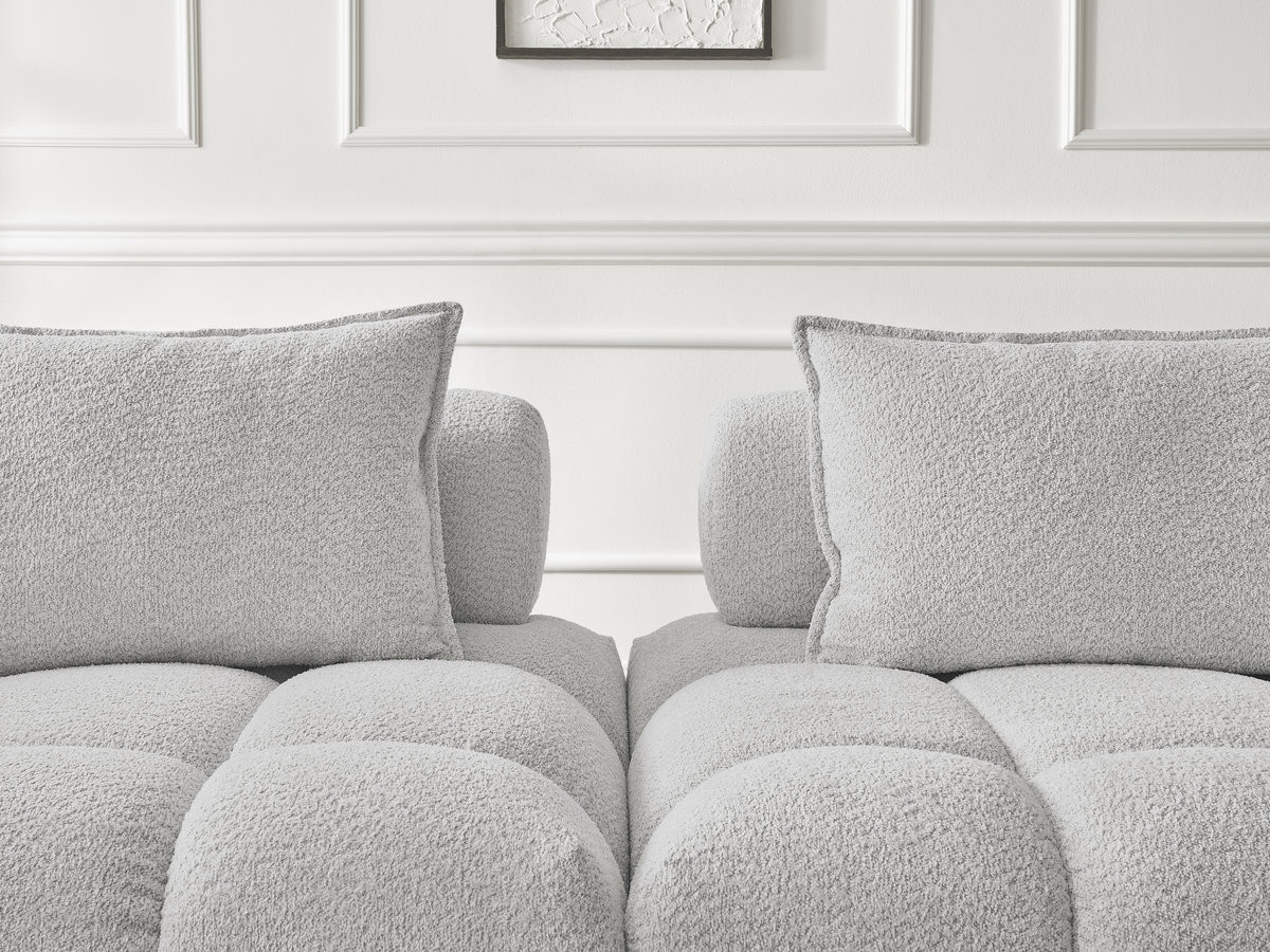 Canapé d'angle fixe ALYA tissu bouclette avec pouf