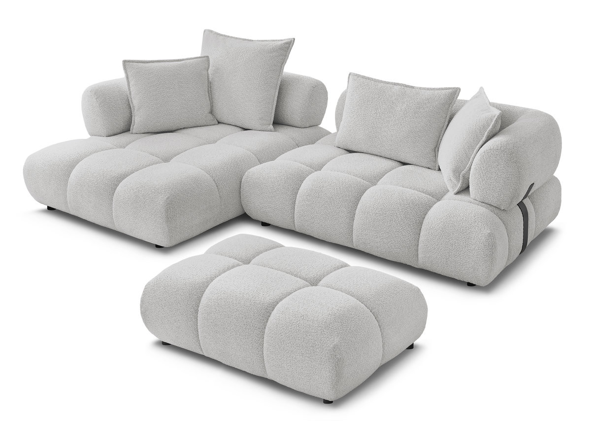 Canapé d'angle fixe ALYA tissu bouclette avec pouf