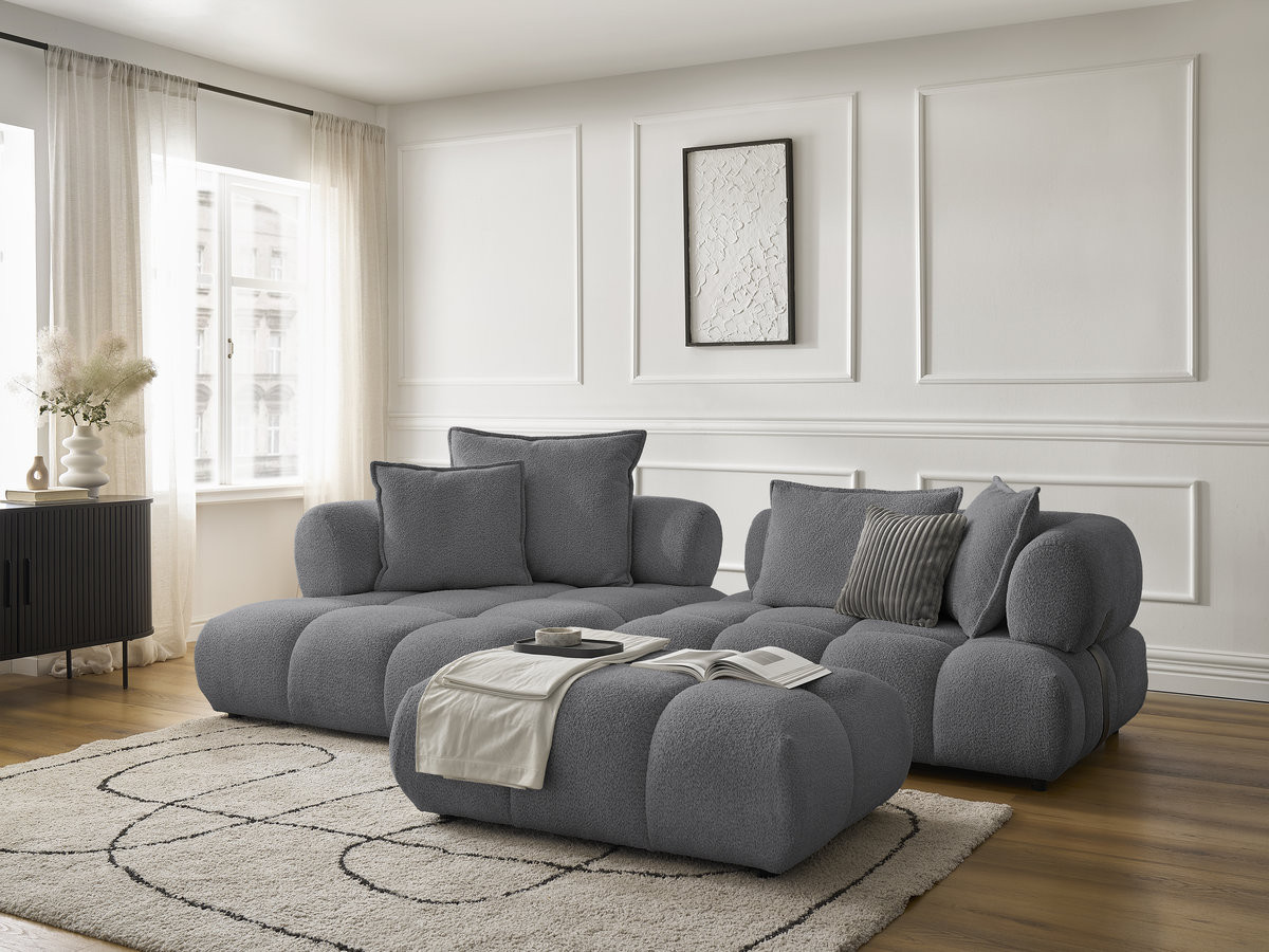 Canapé d'angle fixe ALYA tissu bouclette avec pouf