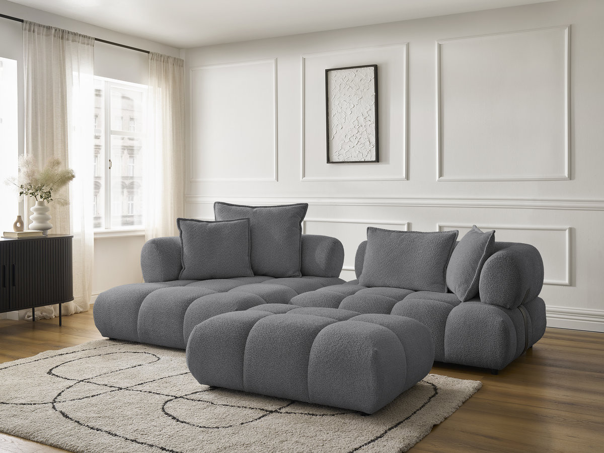 Canapé d'angle fixe ALYA tissu bouclette avec pouf