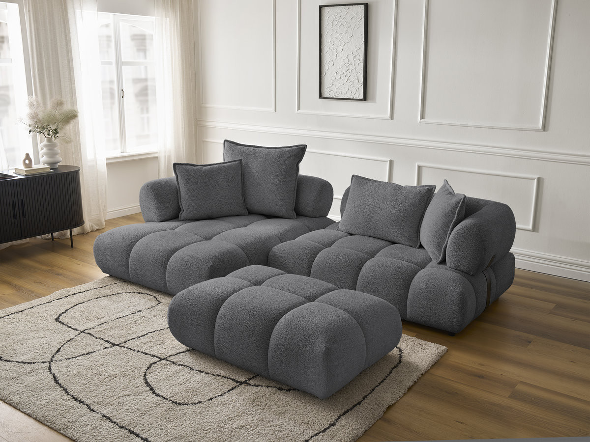 Canapé d'angle fixe ALYA tissu bouclette avec pouf